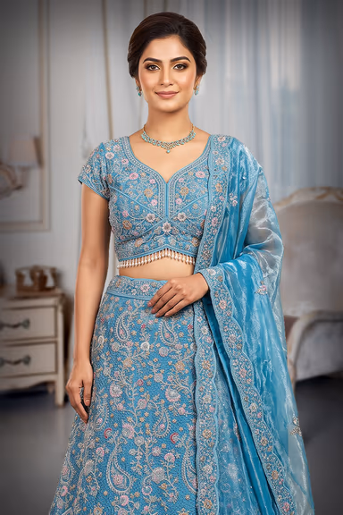 Sky Blue Heavy Embroidered Bridal Lehenga — view 1 of 3