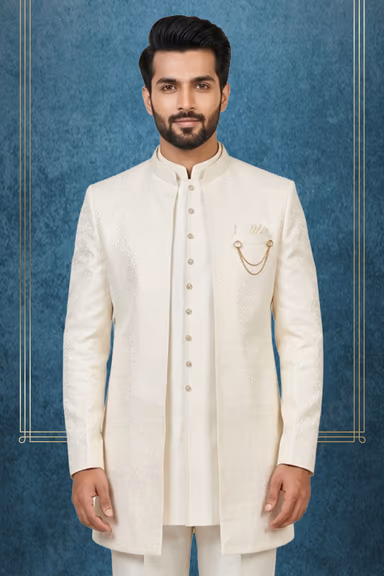 Sophisticated Off-White Textured Silk Jodhpuri Bandhgala Jacket with Brooch Accent — view 2 of 3