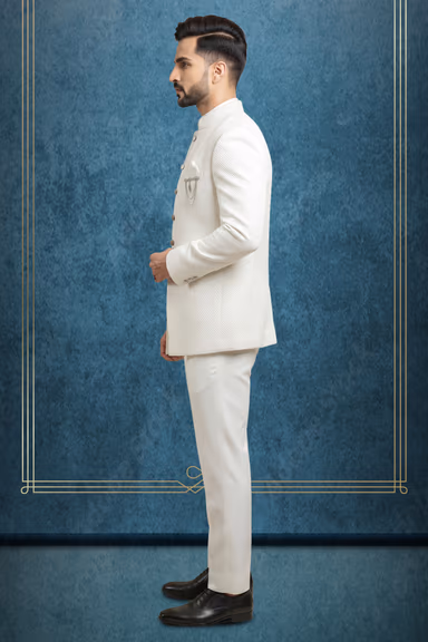 Sophisticated Off-White Textured Silk Jodhpuri Bandhgala Jacket with Brooch Accent — view 3 of 3