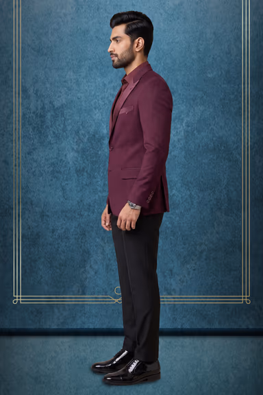 Sophisticated Plain Wine Blazer with Luxurious Satin Lapel for Formal Occasions — view 3 of 3