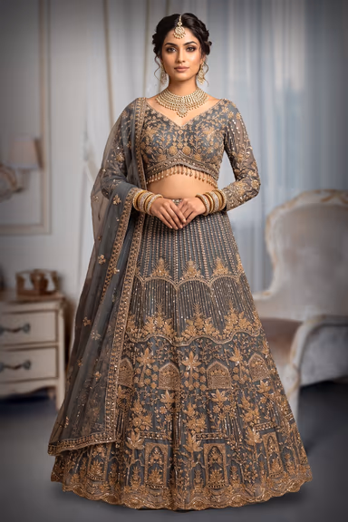 "Stunning Grey Embroidered Lehenga With Matching Blouse And Net Dupatta For Elegant Festive And Wedding… — view 2 of 3