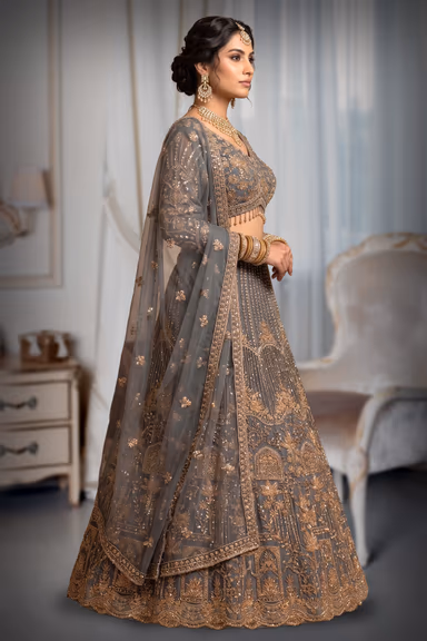 "Stunning Grey Embroidered Lehenga With Matching Blouse And Net Dupatta For Elegant Festive And Wedding… — view 3 of 3