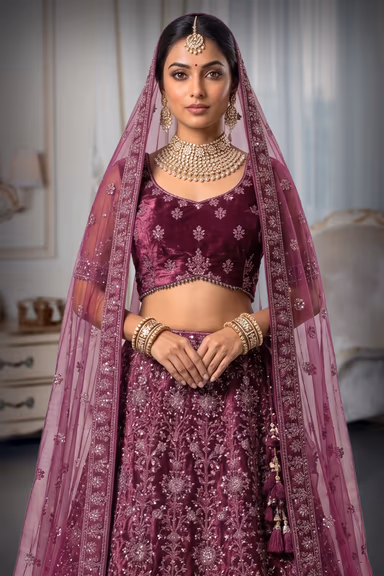 Stunning Purple Velvet  Lehenga Set Along with Elegant Dupatta — view 1 of 2