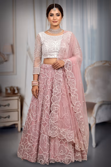 Taupe Beige Floral Embroidered Bridal Lehenga with Designer Blouse and Ivory Net Dupatta — view 2 of 3
