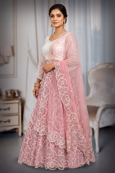 Taupe Beige Floral Embroidered Bridal Lehenga with Designer Blouse and Ivory Net Dupatta — view 3 of 3