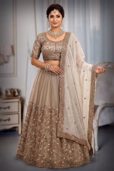 Taupe Beige Floral Embroidered Bridal Lehenga with Designer Blouse and Ivory Net Dupatta — view 2 of 3