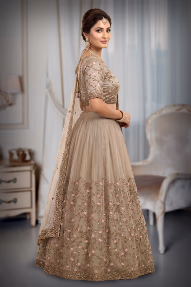 Taupe Beige Floral Embroidered Bridal Lehenga with Designer Blouse and Ivory Net Dupatta — view 3 of 3