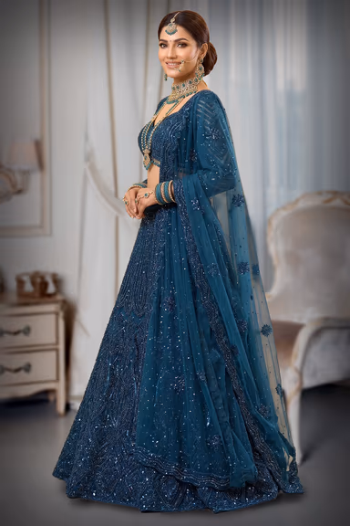 Teal Blue Heavily Embellished Lehenga with Beaded Tassel Blouse — view 3 of 3