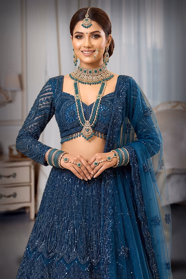 Teal Blue Heavily Embellished Lehenga with Beaded Tassel Blouse — view 1 of 3