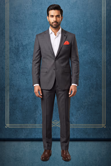 Textured Charcoal Grey Single-Breasted Suit with Paisley Contrast Lining — view 1 of 3