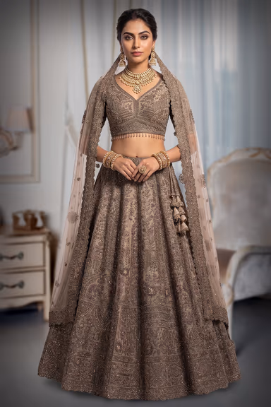 This Shimmering Latte Beige Lehenga Set Showcases Heavy Geometric Sequin Work Throughout The Skirt Paired… — view 2 of 2