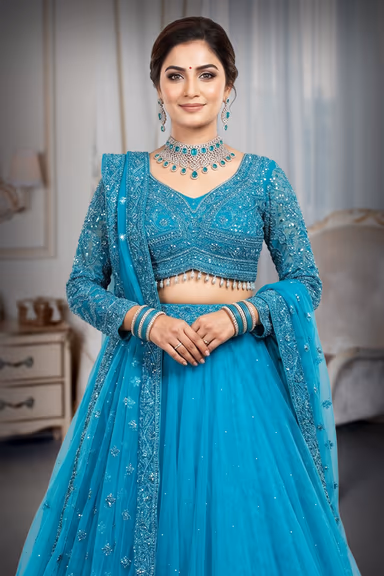 Turquoise Blue Embroidered Lehenga — view 1 of 3