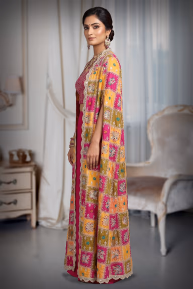Vibrant Hot Pink Embroidered Kurta Set with Multicolor Patola / Phulkari Style Dupatta — view 3 of 3