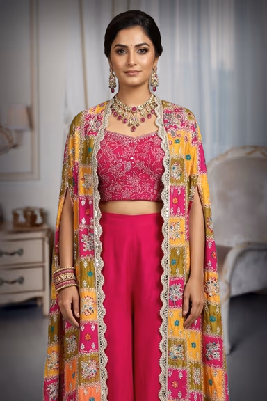 Vibrant Hot Pink Embroidered Kurta Set with Multicolor Patola / Phulkari Style Dupatta — view 1 of 3