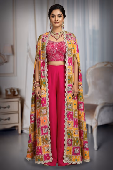 Vibrant Hot Pink Embroidered Kurta Set with Multicolor Patola / Phulkari Style Dupatta — view 2 of 3
