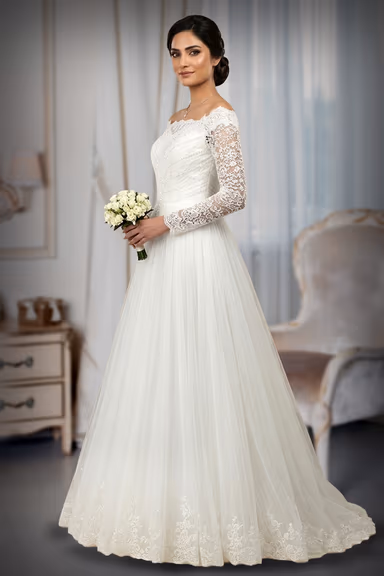 White Bidal Gown with lace worked and full sleeve — view 3 of 3