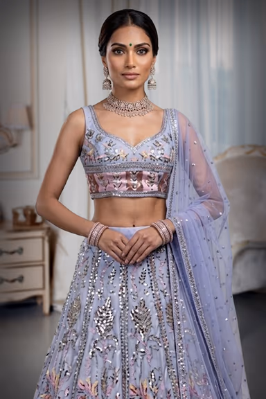 White Faux Georgette Lehenga With Light Peach Applique Details And Embroidery — view 1 of 2