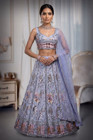 White Faux Georgette Lehenga With Light Peach Applique Details And Embroidery — view 2 of 2