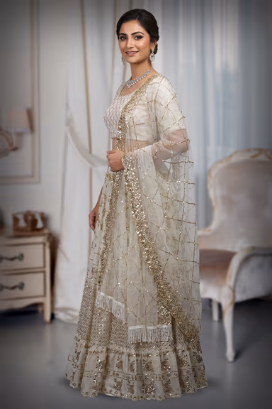 White Georgette Lehenga With Eccentric Golden Sequin Work With Heavy Detailed Blouse And Same Colour Dupatta — view 3 of 3