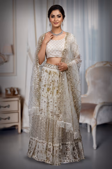 White Georgette Lehenga With Eccentric Golden Sequin Work With Heavy Detailed Blouse And Same Colour Dupatta — view 2 of 3