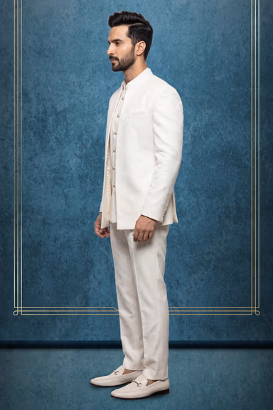 White Open Jodhpuri with Self Embroidery and Elegant Formal Pants — view 3 of 3