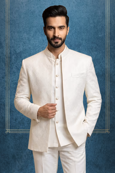 White Open Jodhpuri with Self Embroidery and Elegant Formal Pants — view 2 of 3