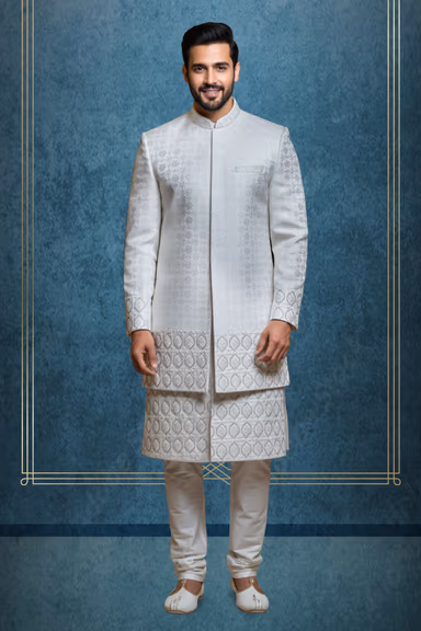 White 2 Pc Grooms Sherwani With Threadworked Border Details — view 1 of 2