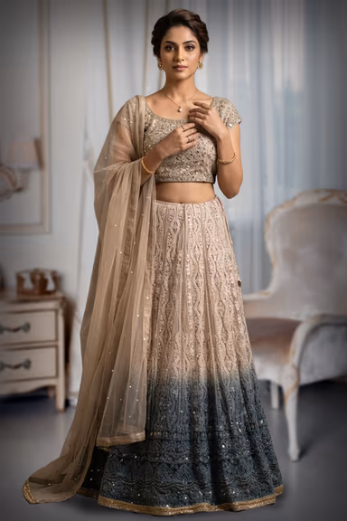 White Teal Ombre Chikankari Lehenga with Mirror Work Blouse and Grey Dupatta — view 2 of 2