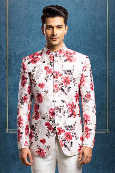 Whitish Red Floral Printed Jodhpuri Set with White Pants Elegance — view 2 of 2