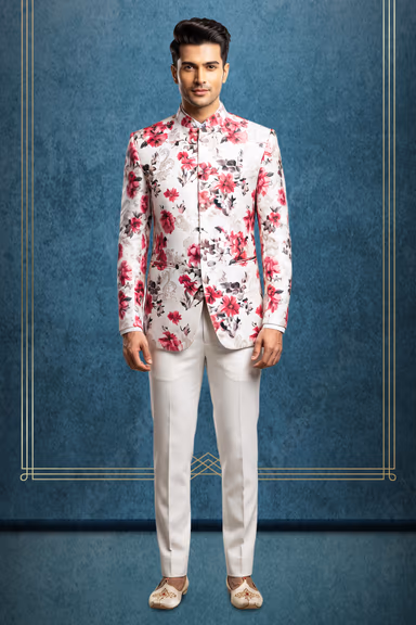 Whitish Red Floral Printed Jodhpuri Set with White Pants Elegance — view 1 of 2