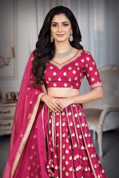 Wine Colour Lehenga With Heavy Stone Work And Threadwork With Same Colour Dupatta — view 1 of 3