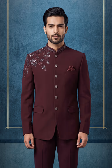 Wine  Indo Western Jodhpuri  with Floral Embroidery — view 2 of 3