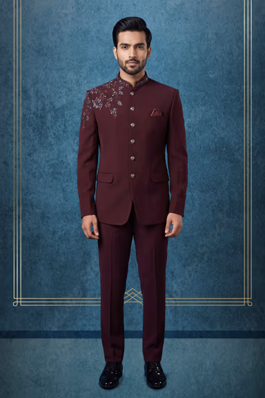 Wine  Indo Western Jodhpuri  with Floral Embroidery — view 1 of 3