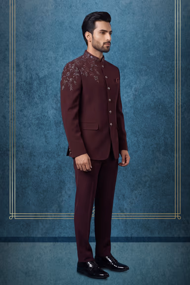 Wine  Indo Western Jodhpuri  with Floral Embroidery — view 3 of 3