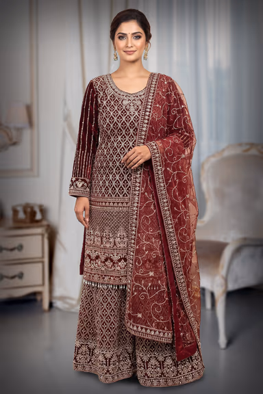 Wine Maroon Heavy Embroidered Bridal Lehenga with Dupatta — view 2 of 3