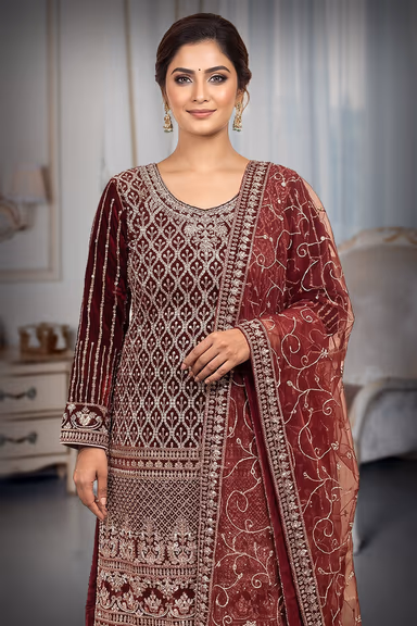 Wine Maroon Heavy Embroidered Bridal Lehenga with Dupatta — view 1 of 3