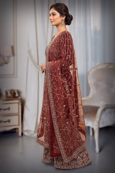 Wine Maroon Heavy Embroidered Bridal Lehenga with Dupatta — view 3 of 3