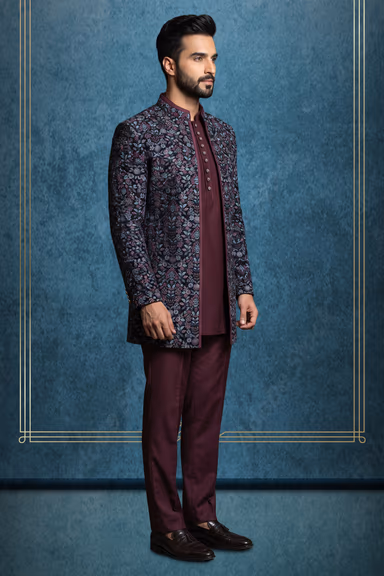 Wine Multicolour Floral Indo-Western Suit with Formal Pants and Open Jacket — view 3 of 3
