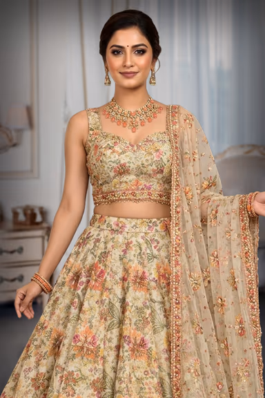 Yellow Lehenga with Multicolour Floral Work and Beautifully Designed Neckline Blouse — view 1 of 3