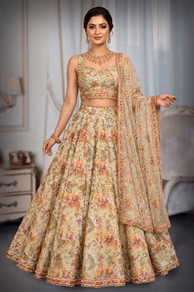 Yellow Lehenga with Multicolour Floral Work and Beautifully Designed Neckline Blouse — view 2 of 3