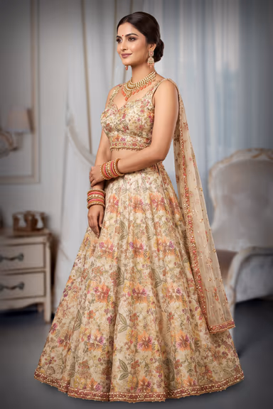 Yellow Lehenga with Multicolour Floral Work and Beautifully Designed Neckline Blouse — view 3 of 3