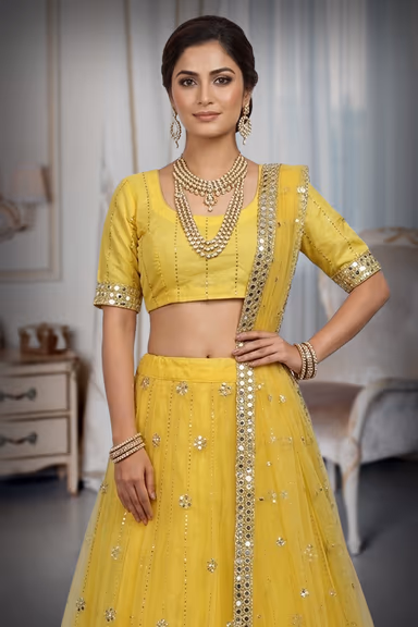 Yellow Net Multi Thread Sequins Work Lehenga With Same Colour Blouse Dupatta — view 1 of 3