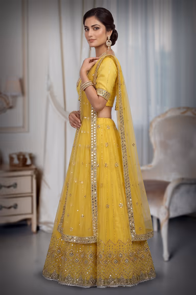 Yellow Net Multi Thread Sequins Work Lehenga With Same Colour Blouse Dupatta — view 3 of 3