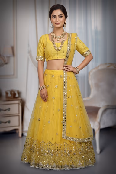 Yellow Net Multi Thread Sequins Work Lehenga With Same Colour Blouse Dupatta — view 2 of 3