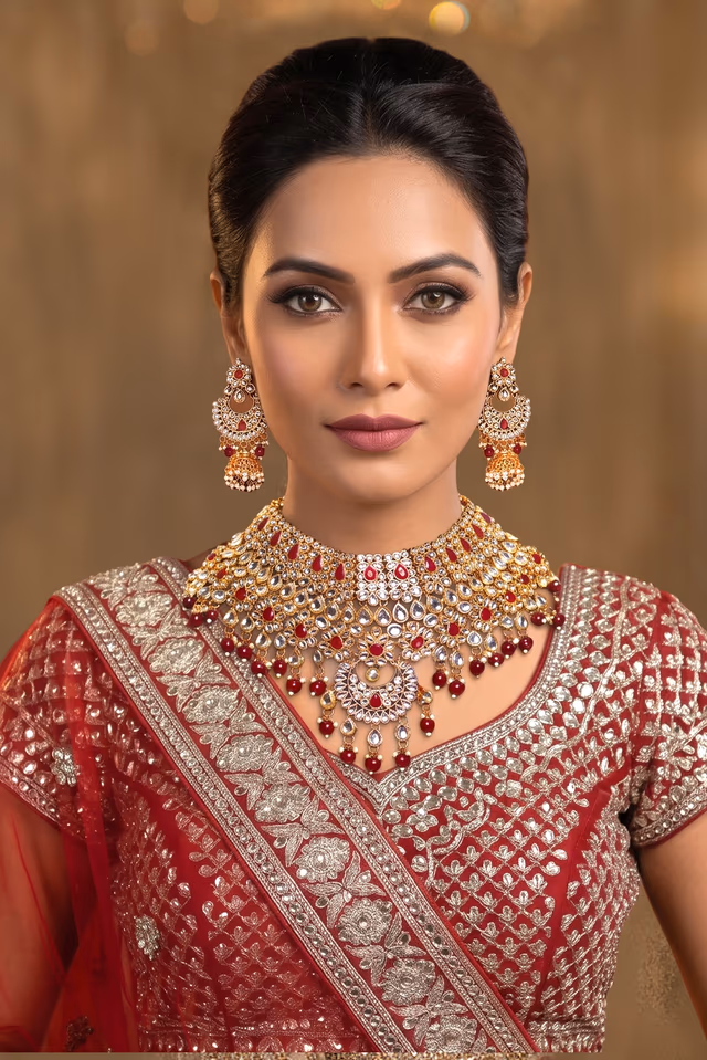 Ethnic Indian Traditional Gold Plated Kundan Jewellery Set With Ruby Red Stone And Beads Detailing — rent in Calicut