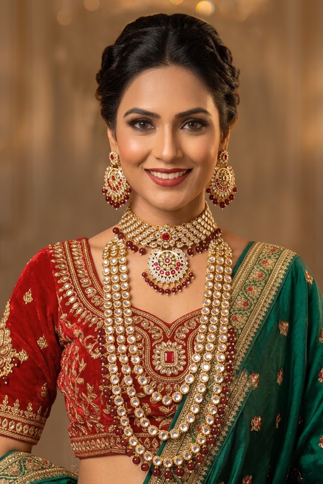 Fabulous Red Kundan And Beads Studded Bridal Jewellery Set — rent in Calicut