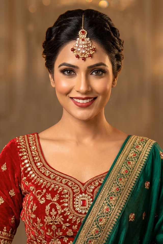 Fabulous Red Kundan And Beads Studded Bridal Jewellery Set — back view, rent in Calicut