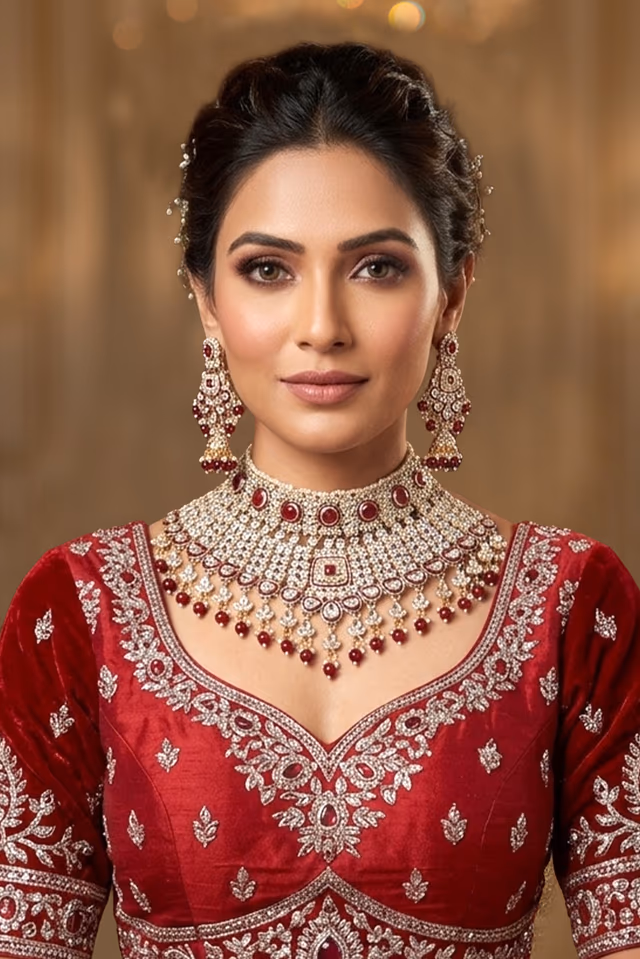 Gold Plated Red And White Kundan Heavy Bridal Jewellery Set — rent in Calicut