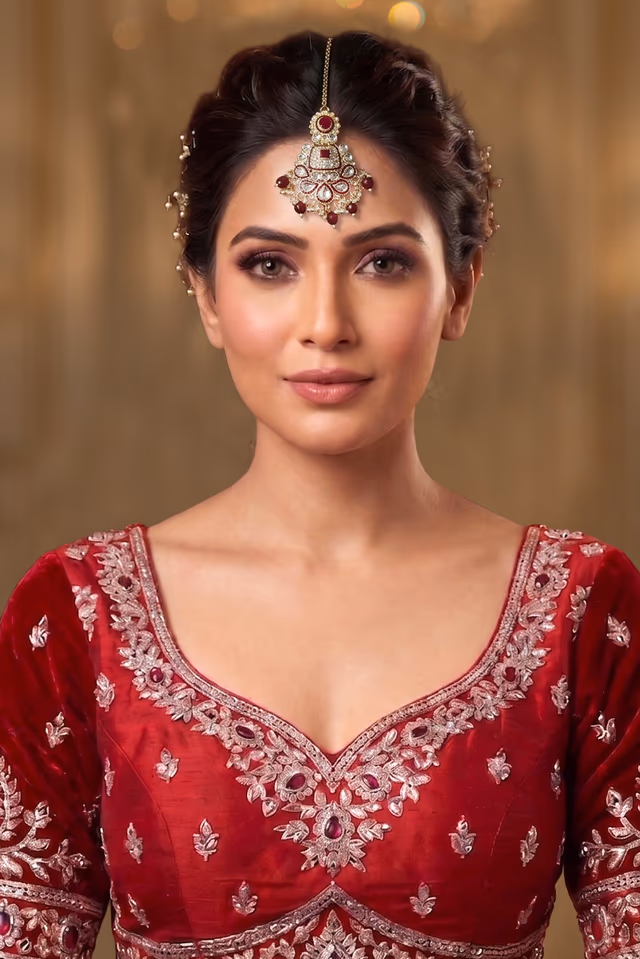 Gold Plated Red And White Kundan Heavy Bridal Jewellery Set — back view, rent in Calicut