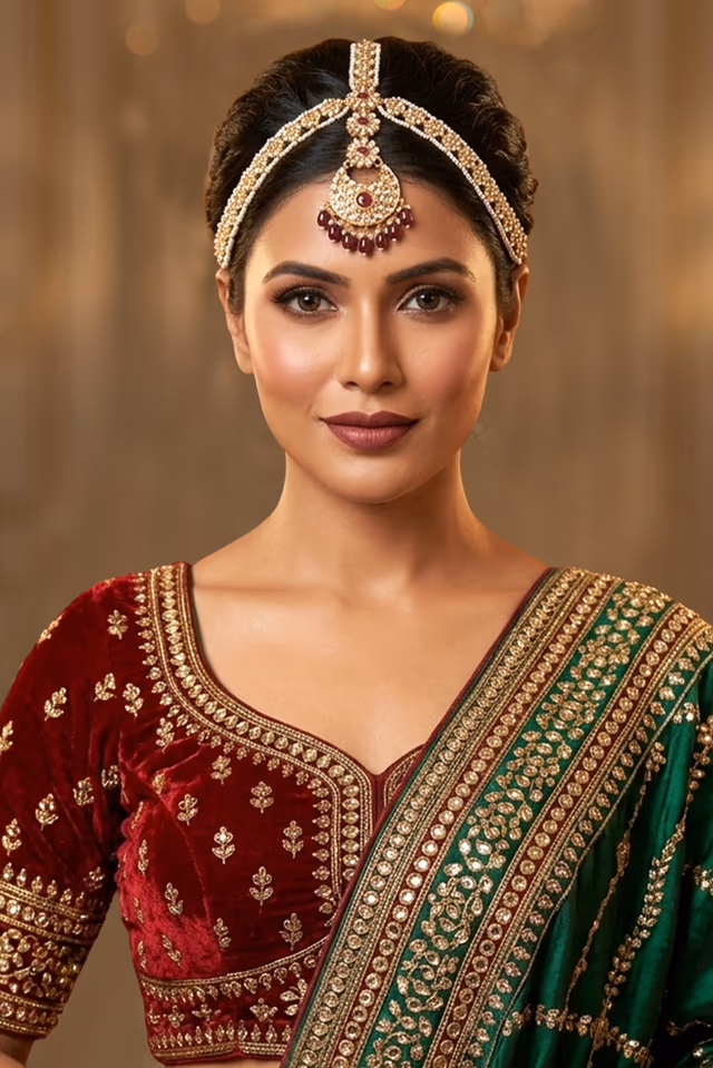 Ruby Red Heavy Maharani Bridal Jewellery Set — back view, rent in Calicut